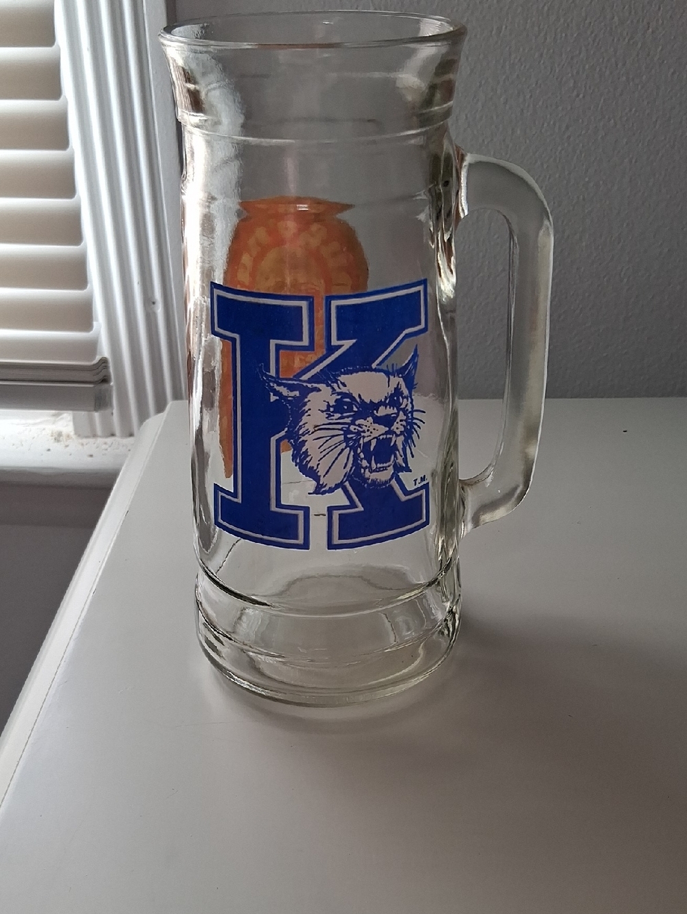 Vintage Clear Glass Beer Stein with Blue Wildcat K Emblem